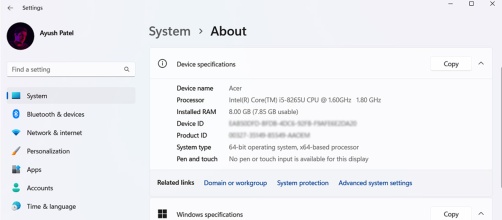 checking PC specs in windows 11