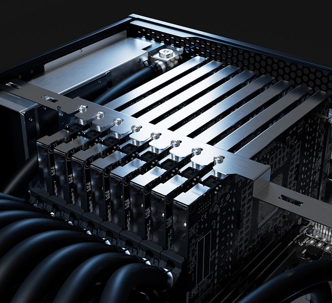 Eight graphics cards in the AMPERE XR ULTRA liquid cooling loop
