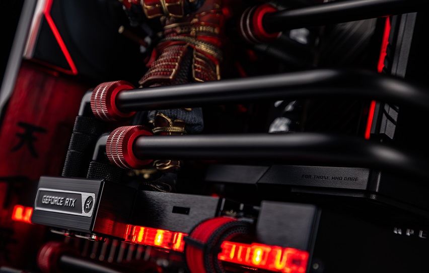 Graphics card, fittings, and rigid tubing in the custom liquid-cooling loop