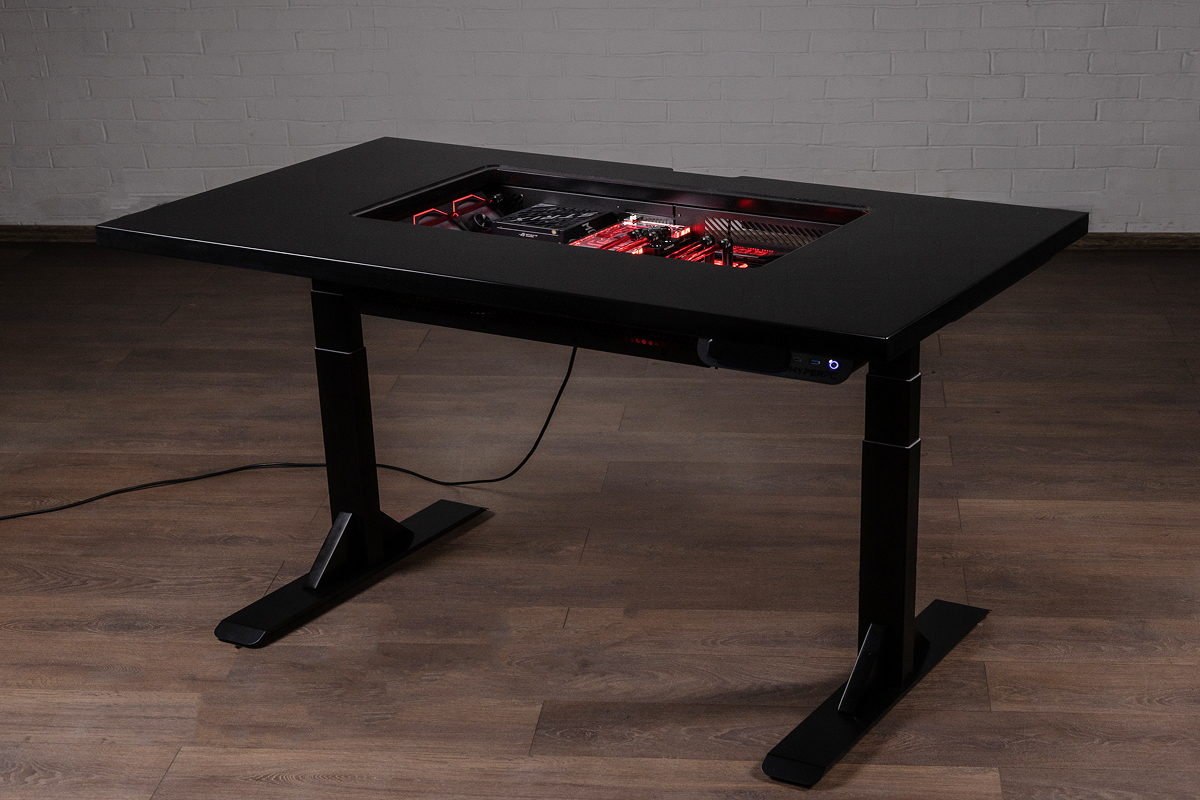 HYPERPC DESK — a motorized desk with a marble desktop and a PC under glass