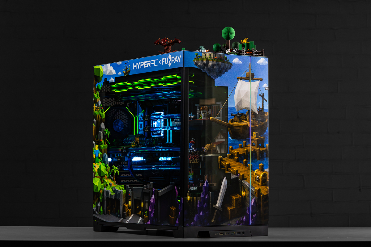 HYPERPC CONCEPT x FunPay: a Roblox-inspired PC, overview with panoramic artwork and the Grow a Garden diorama