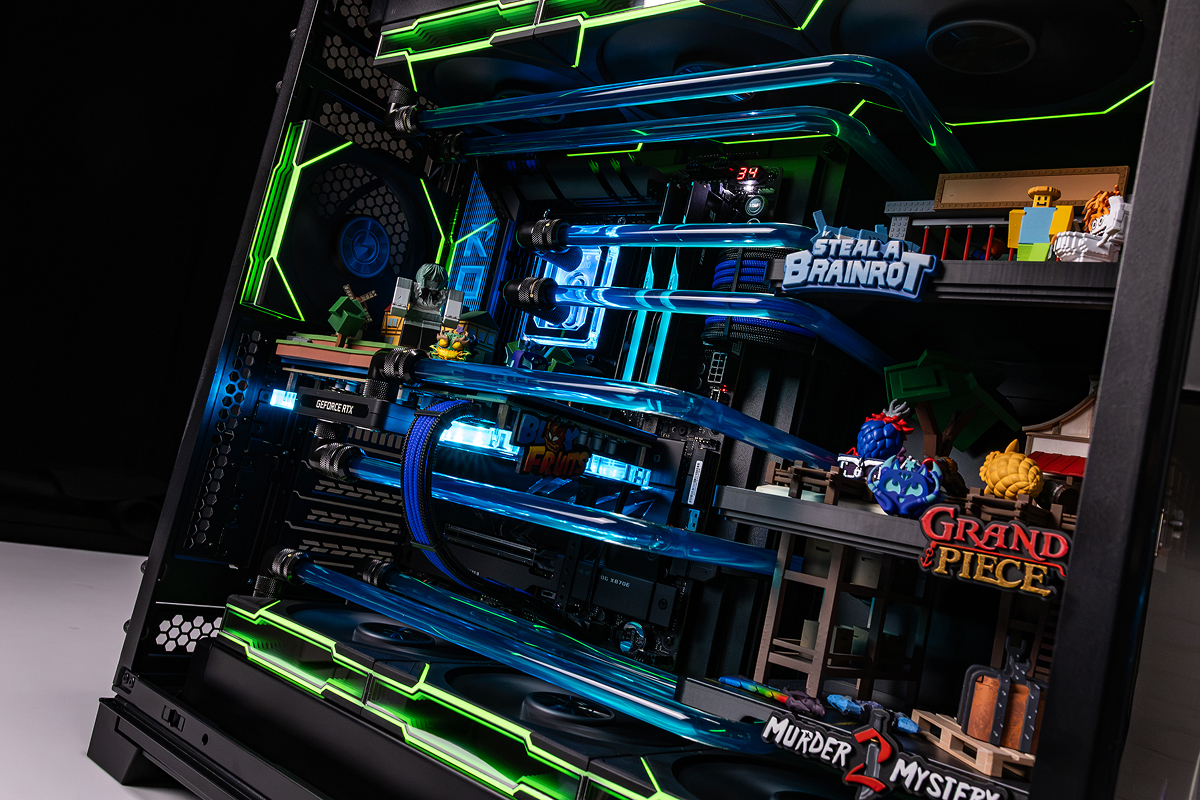 CONCEPT interior: a custom liquid-cooling loop and tiered Roblox experiences