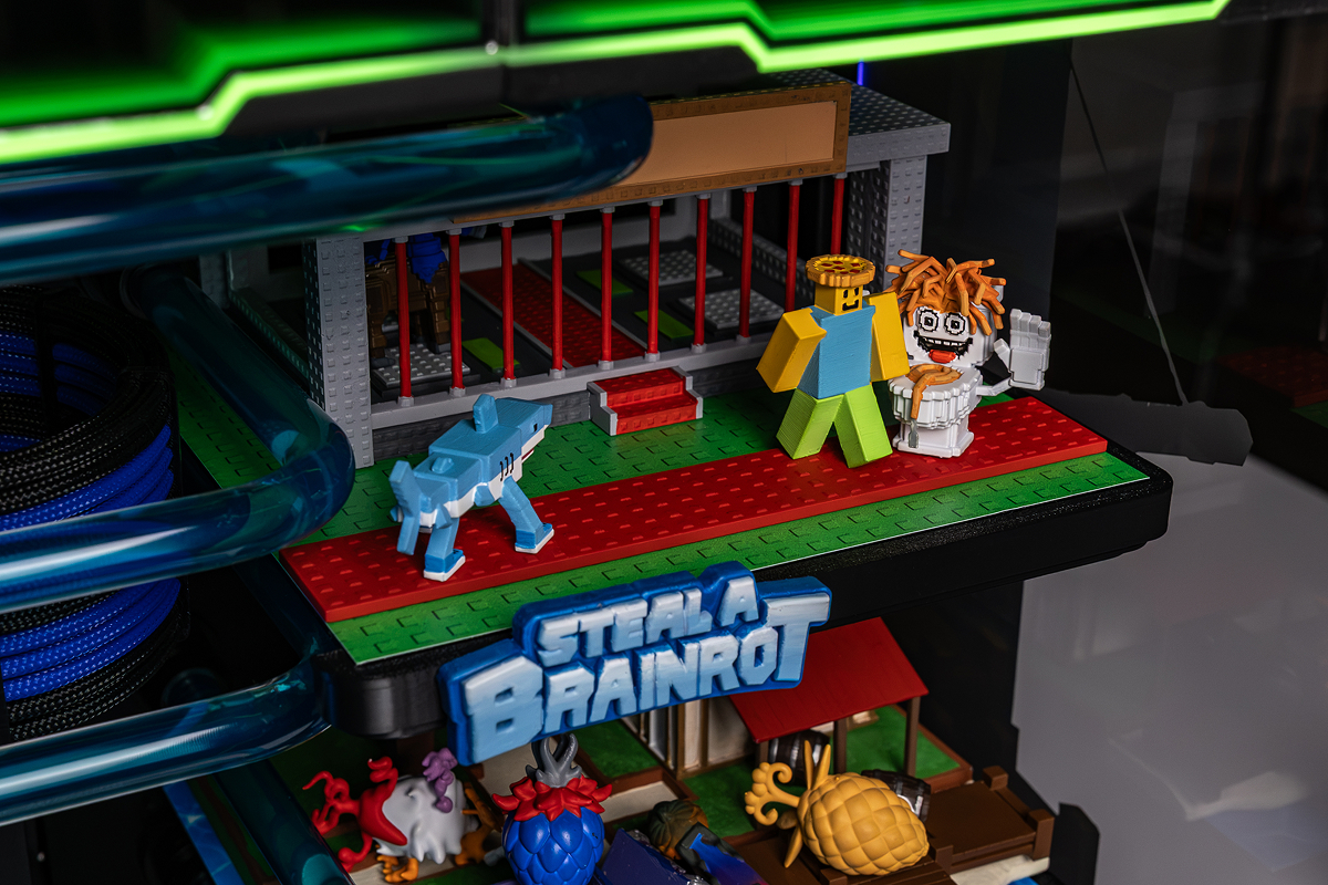Steal a Brainrot diorama inside the case: magnetic figures and a logo plaque