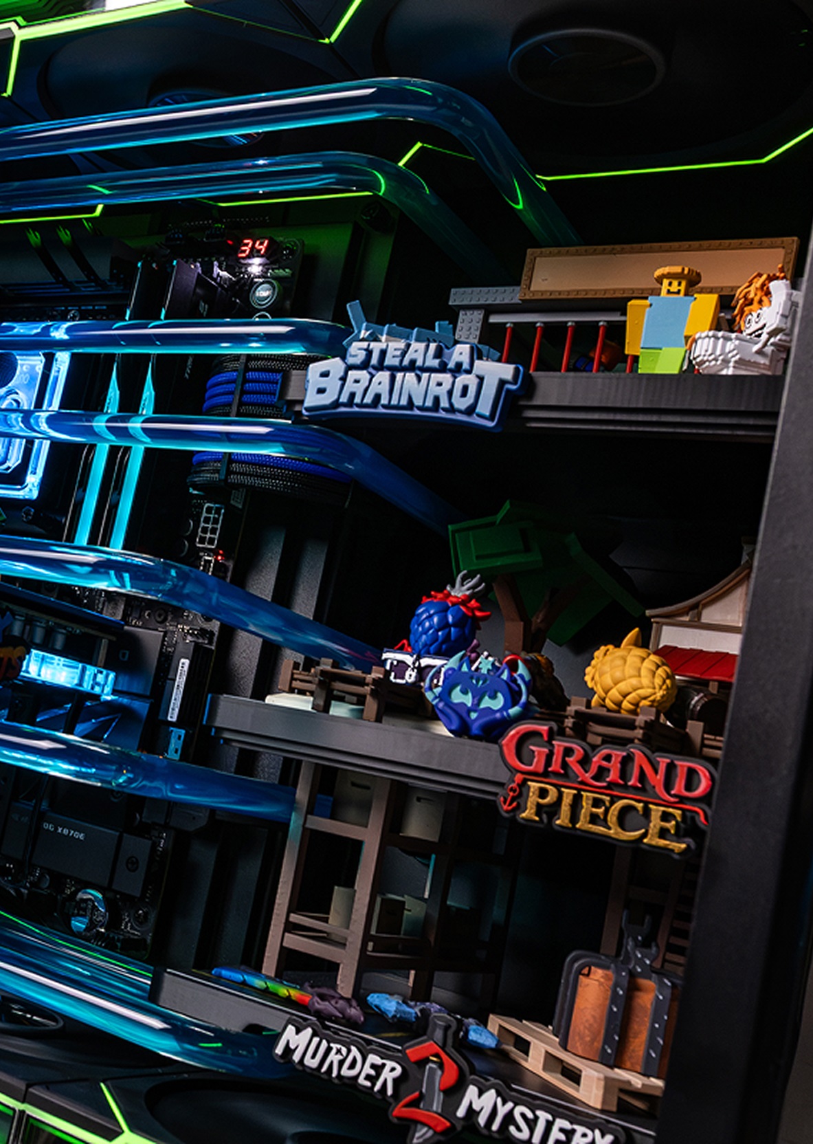 CONCEPT interior: tiered Steal a Brainrot, Grand Piece, and Murder Mystery 2 experiences, plus the Blox Fruits island on the graphics card