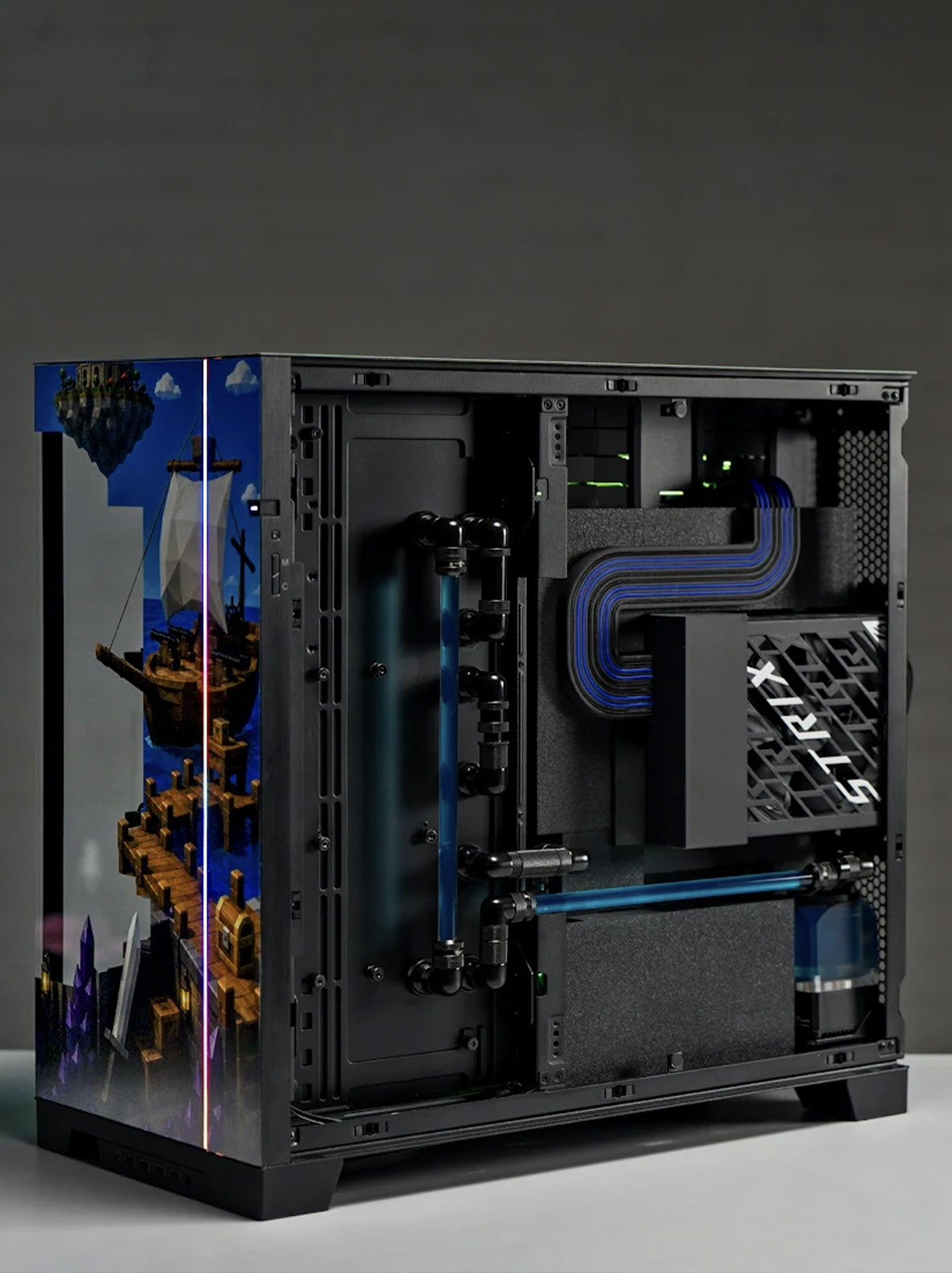Magnetic Roblox figures inside the case and a custom hard-line cooling loop
