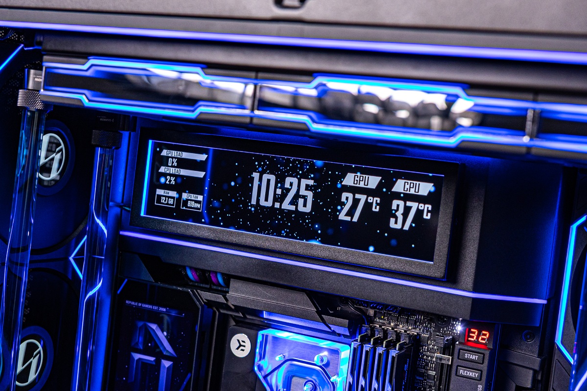 Top-panel display showing CPU and GPU load and temperatures