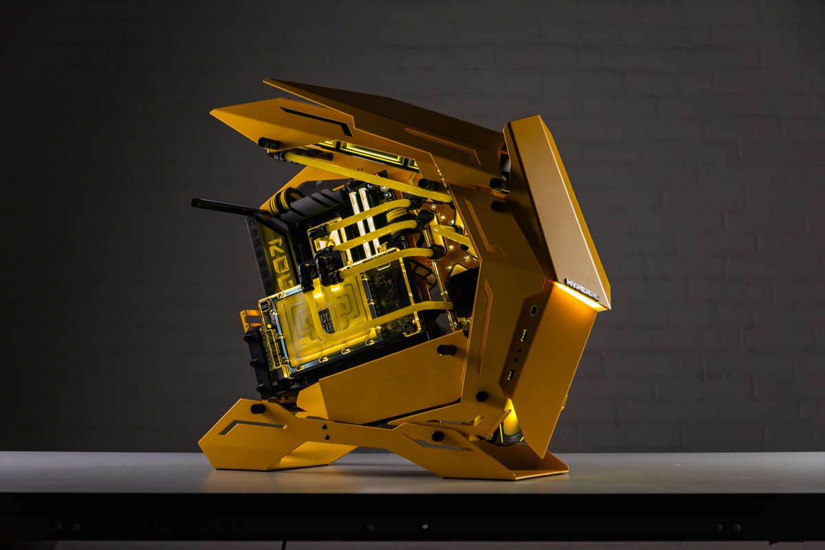 HYPERPC CYBER — a yellow JONSBO MOD3 with a custom liquid-cooling loop