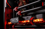 HYPERPC Samurai — RTX 5090 water block, rigid liquid-cooling tubes, and red fittings