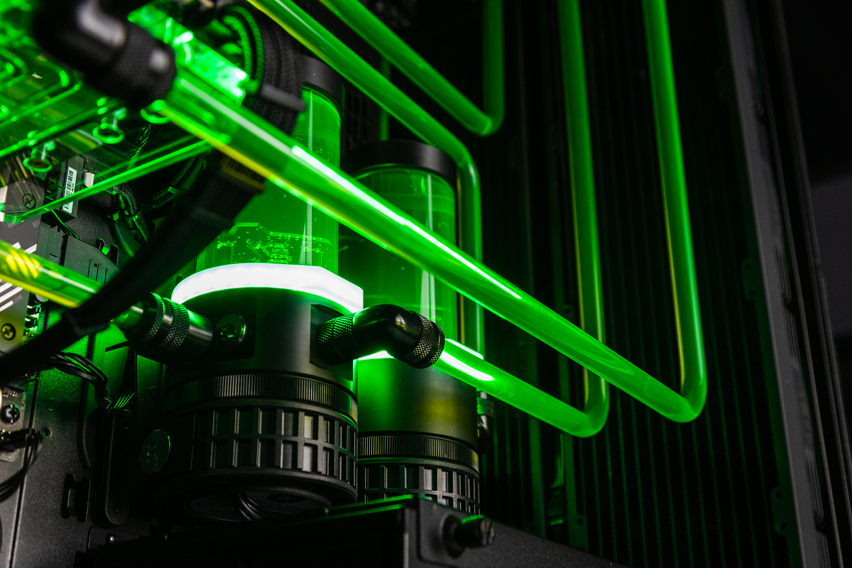 Custom-loop reservoirs with neon-green coolant