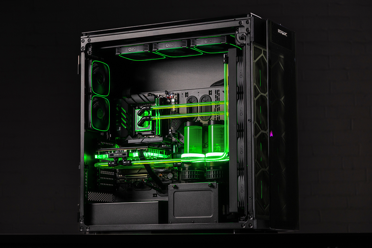 Corsair Obsidian 1000D after a full upgrade: neon-green custom loop and RTX 5090