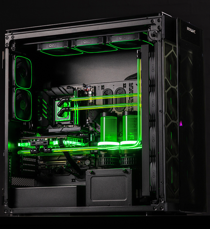 Corsair Obsidian 1000D after a full upgrade: neon-green custom loop and RTX 5090