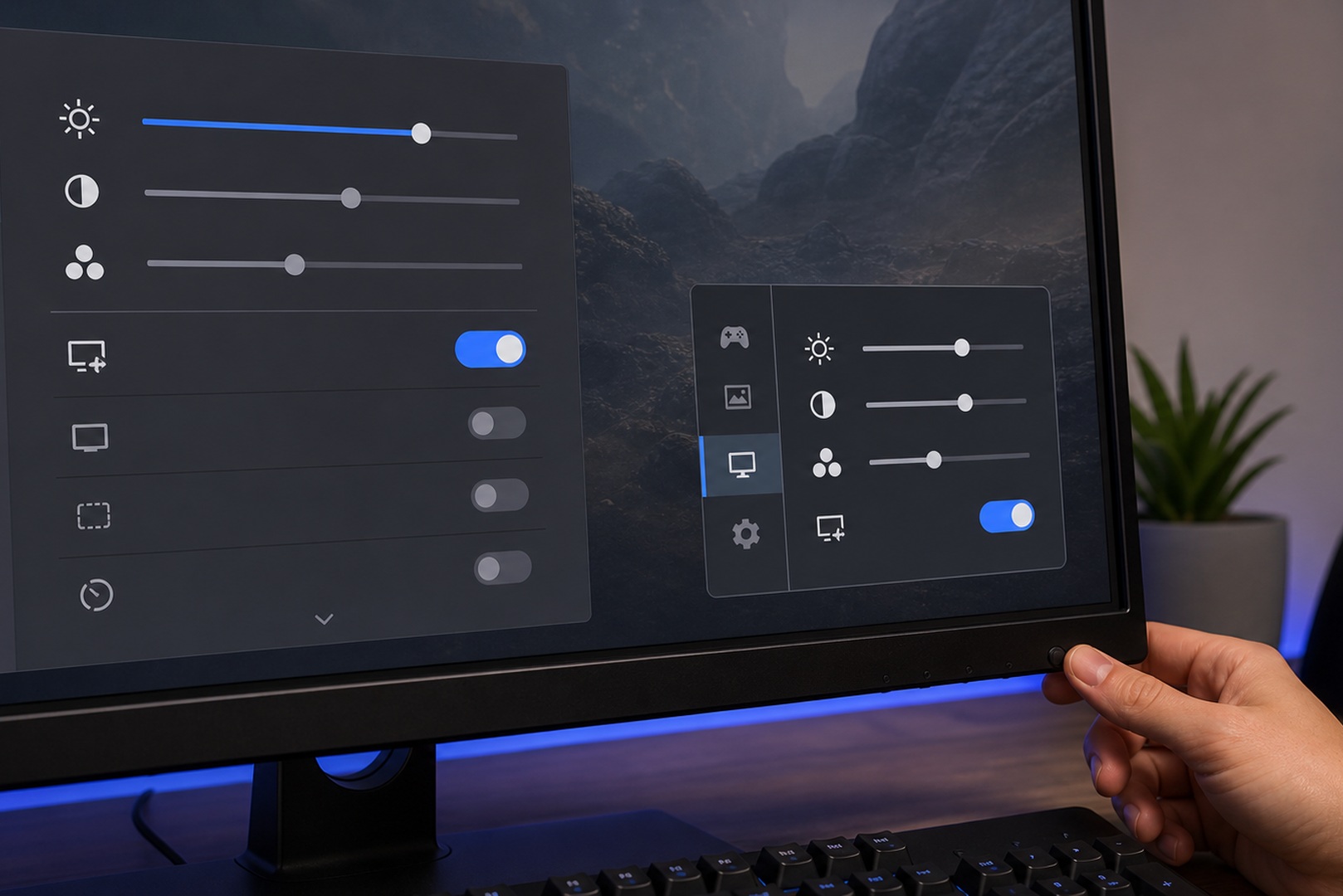 Setting up AMD FreeSync in Radeon Software and in the monitor menu.