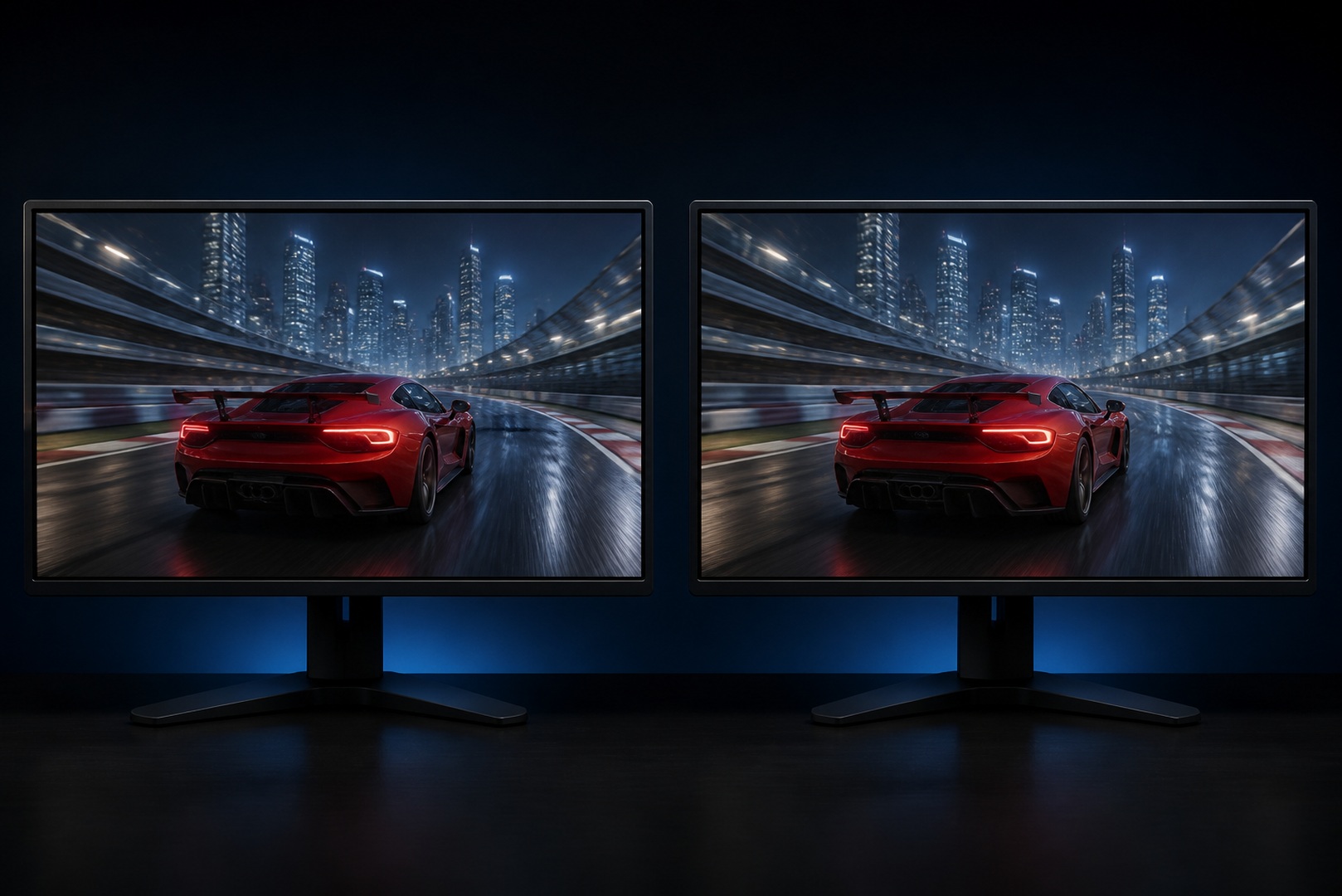 A comparison of an image with screen tearing and an image with FreeSync adaptive sync.