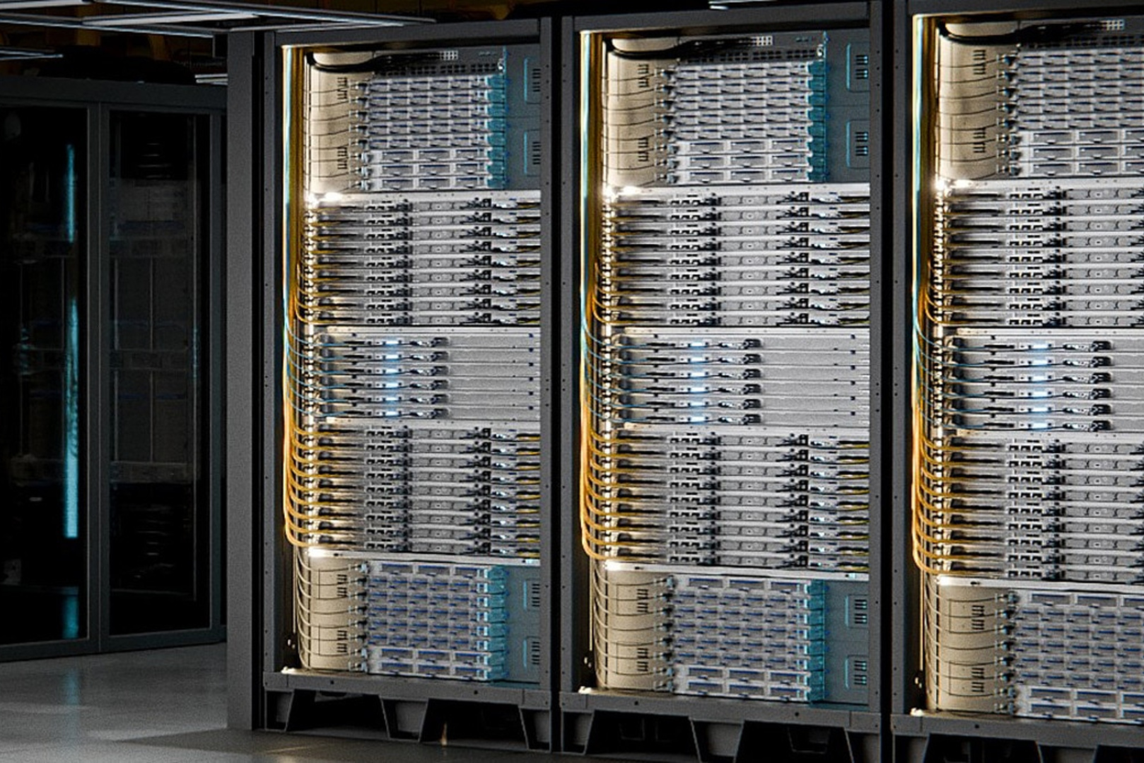 Rows of AMD Helios racks with Ethernet interconnects