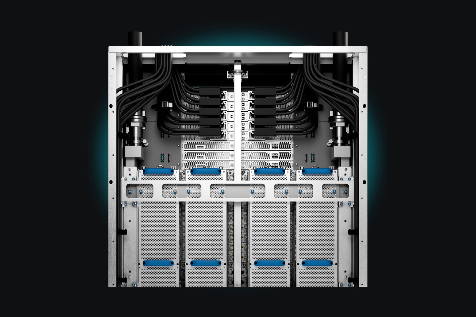 Rear view of an AMD Helios rack and network connections