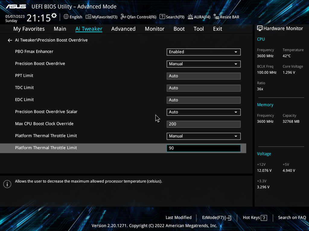 Configuring power and temperature limits for a CPU in BIOS
