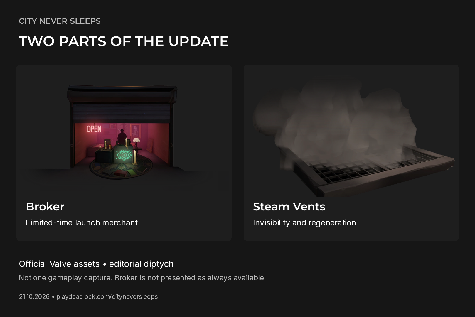 Editorial diptych of official Valve artwork showing the temporary launch-event Broker and Steam Vents; these are separate images, not a single gameplay capture.
