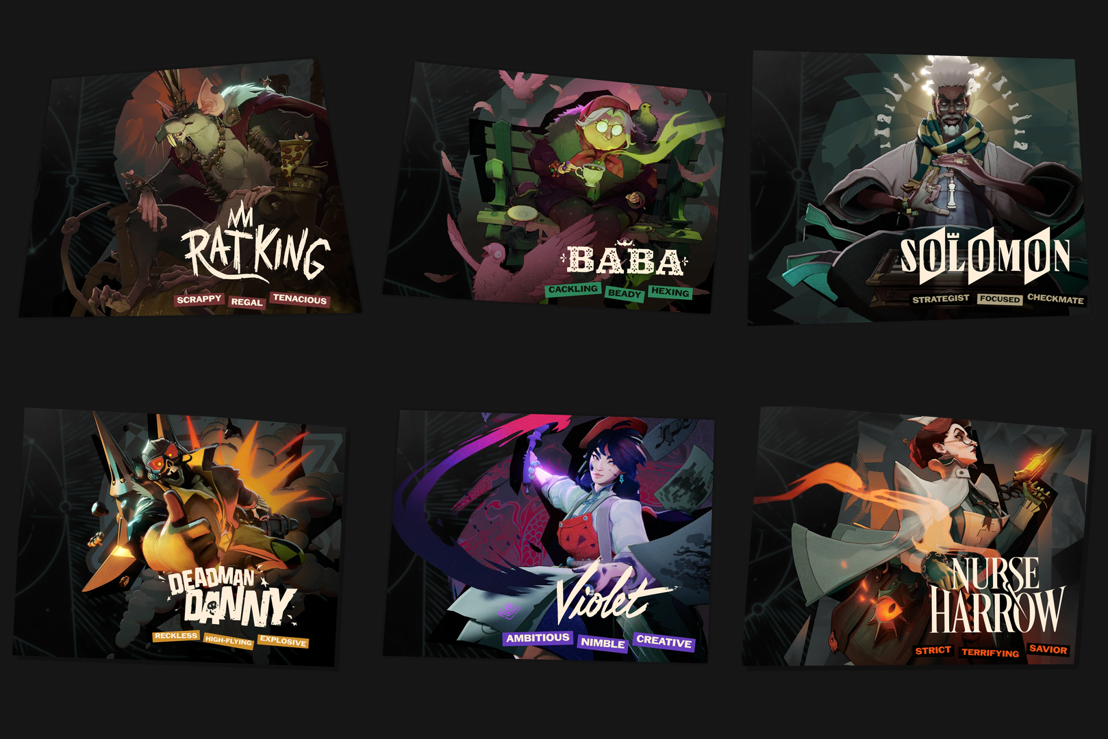 Editorial collage of official images of Rat King, Baba, Solomon, Deadman Danny, Violet and Nurse Harrow; not a match screenshot.