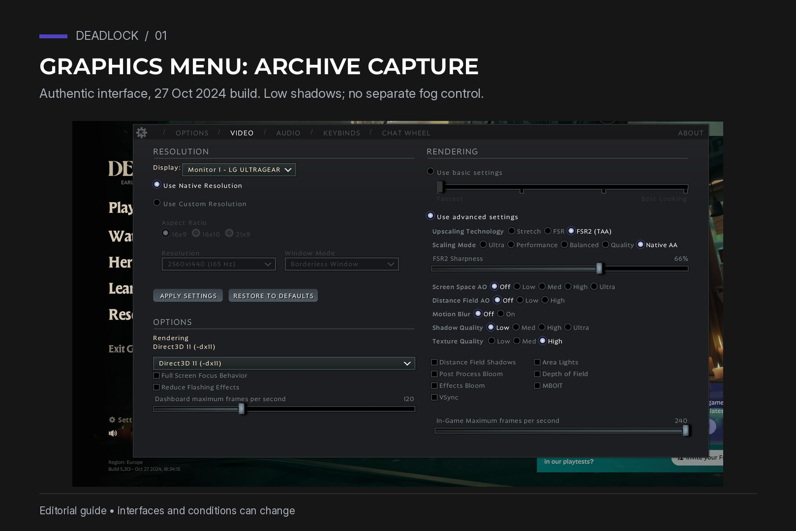 Authentic Deadlock graphics menu from the 27 October 2024 build, with Low shadows; this capture has no separate fog control.