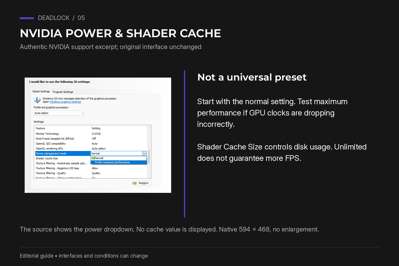 Authentic NVIDIA support-panel excerpt with power-management dropdown and Shader Cache Size row; original interface unchanged.