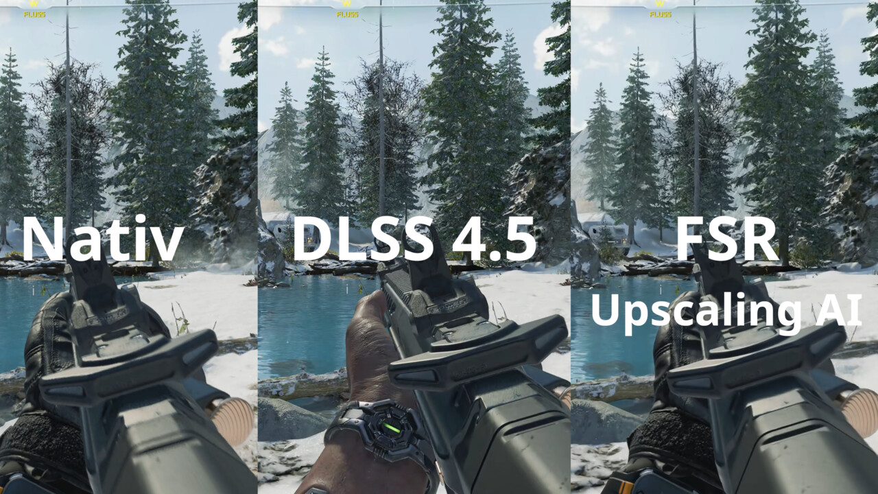Comparison of native rendering, DLSS 4.5, and FSR