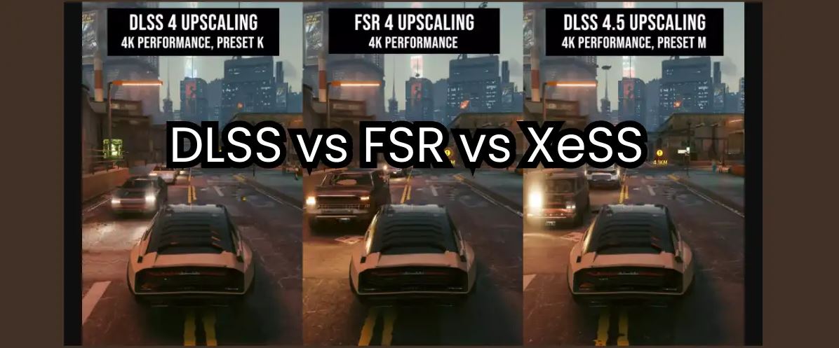 DLSS, FSR, and XeSS image-quality comparison in a game
