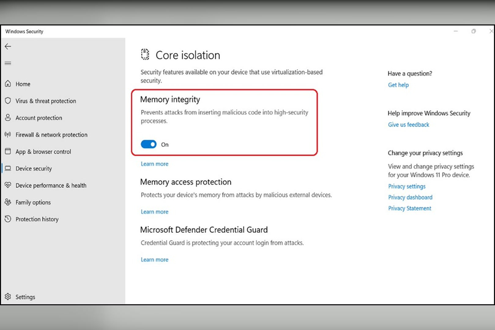 Core isolation in Windows Security with Memory integrity turned on