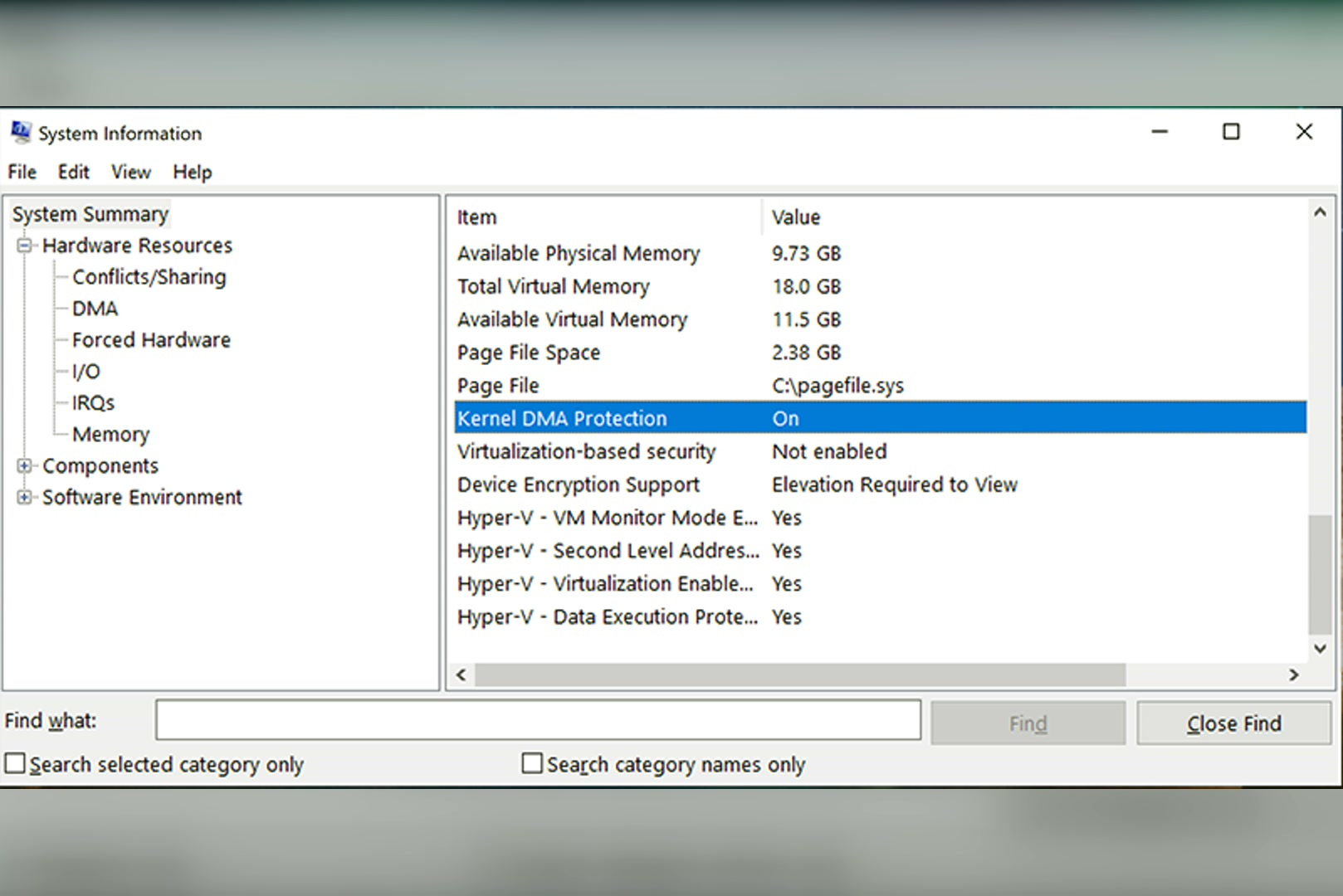 System Information msinfo32 window with Kernel DMA Protection set to On