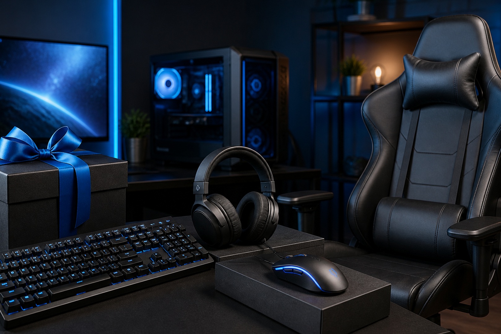 Collage of gifts for gamers: gaming mouse, keyboard, headphones and chair.