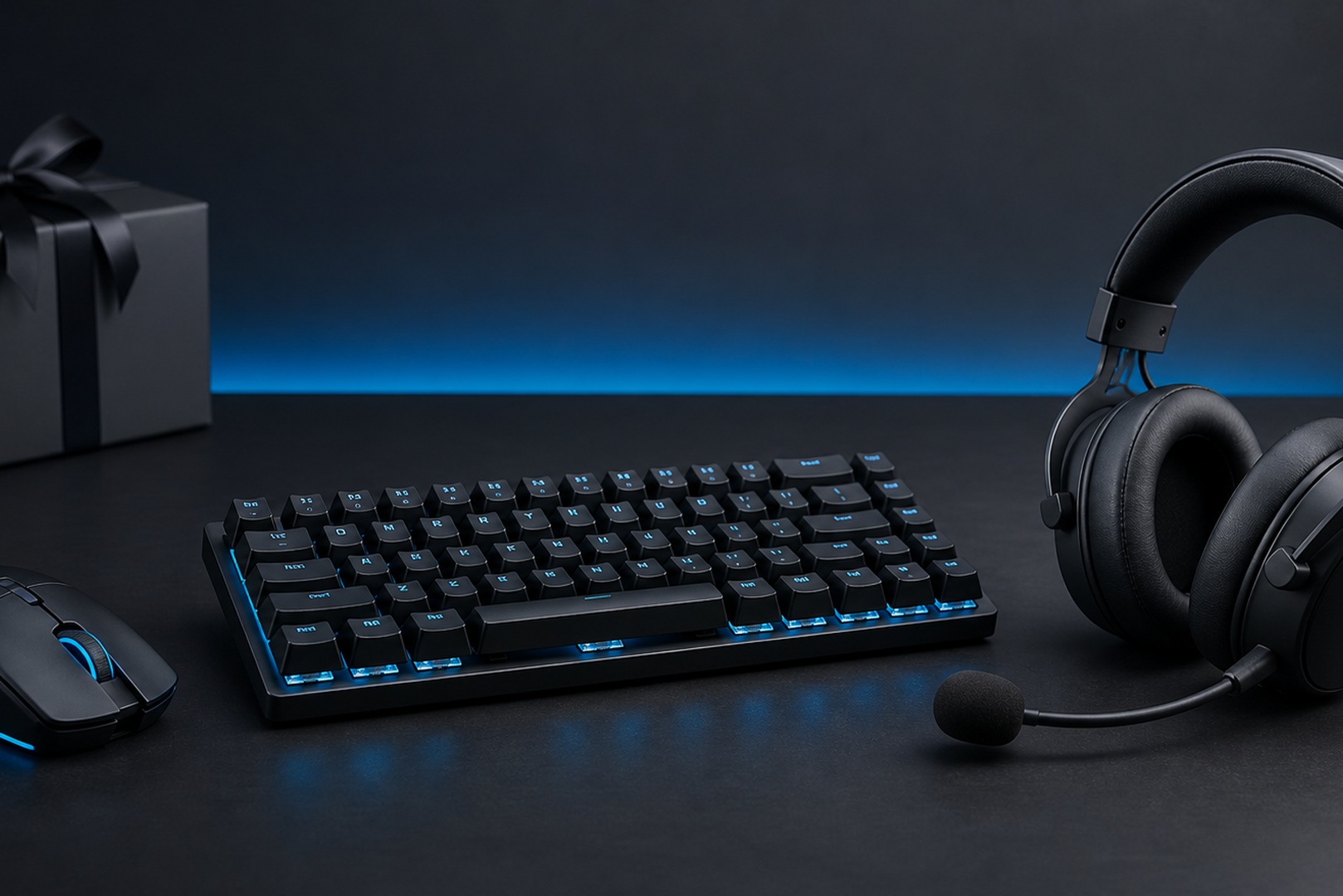 Mid-range gaming mouse, mechanical keyboard and headphones.