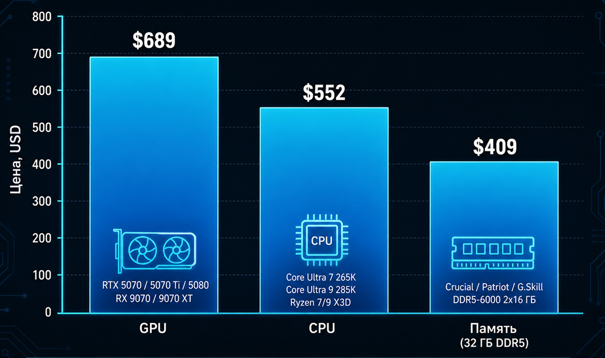 Component cost chart for a 4K gaming PC build in 2026, split by GPU, CPU, and memory