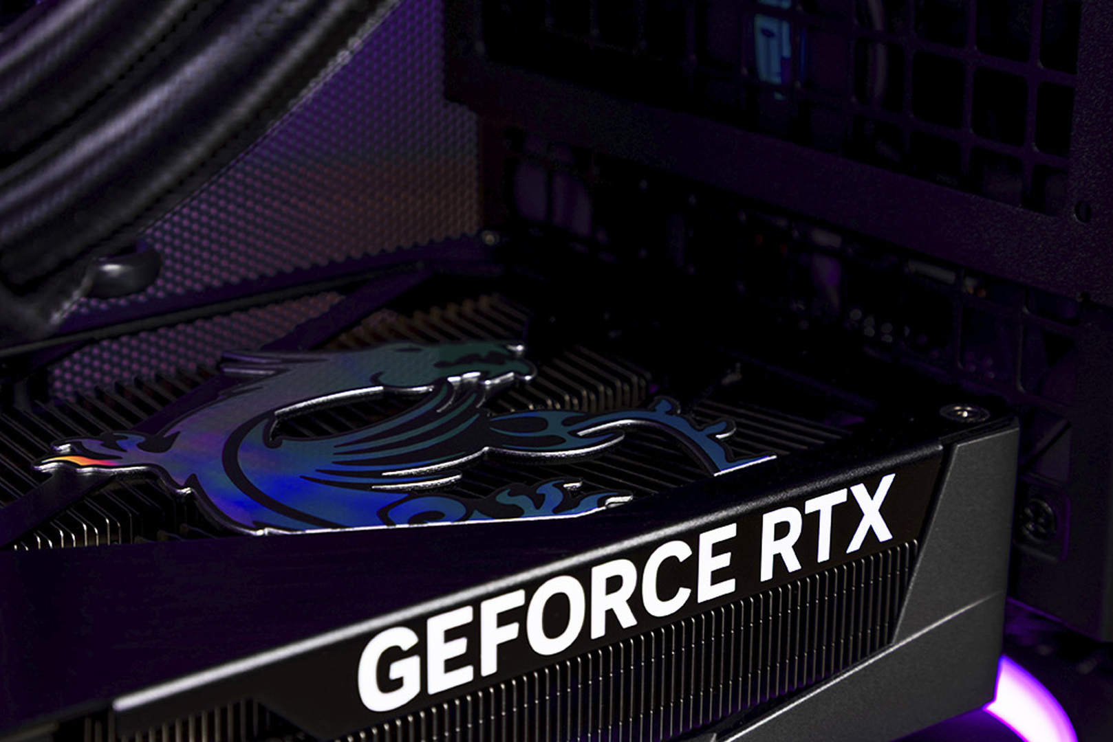 A GeForce RTX graphics card inside a HYPERPC gaming PC