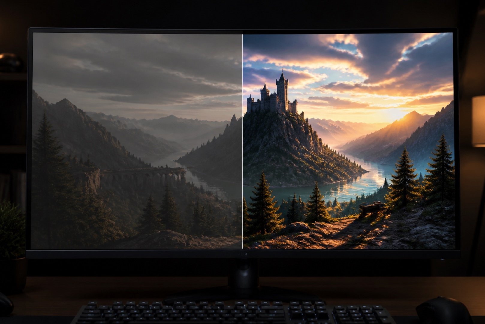 A comparison of an in-game image in SDR and real HDR modes on a monitor.