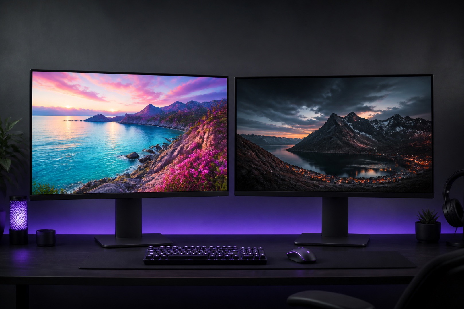 Two monitors side by side with IPS and VA panels, comparing color and image contrast.