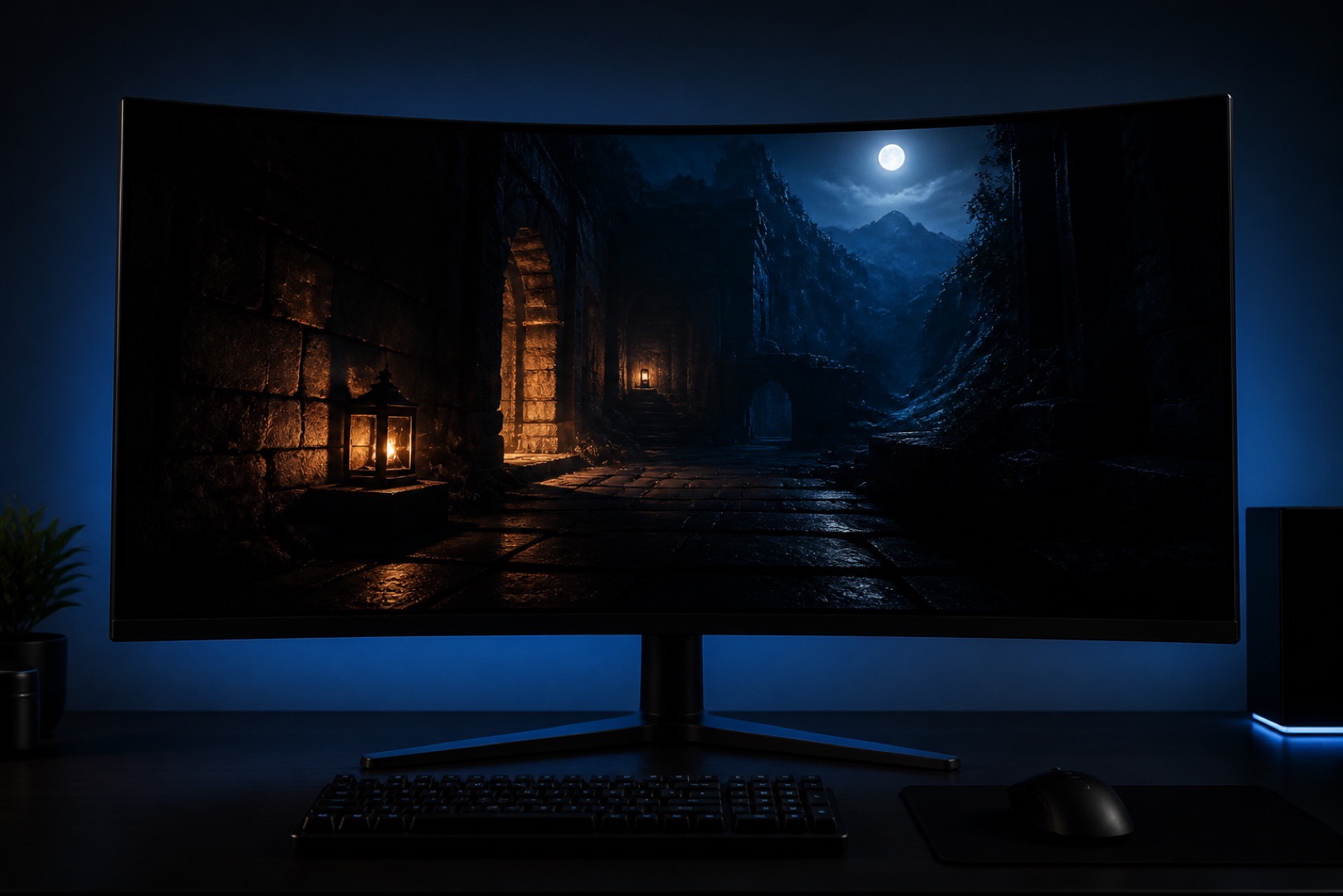 Deep black levels on a VA panel in a dark gaming scene.