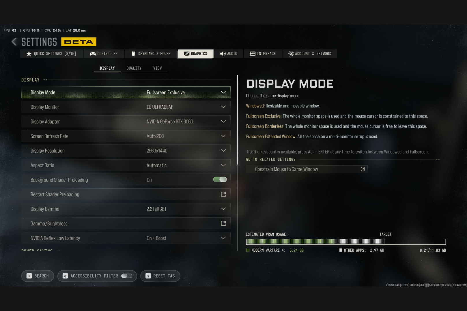 Authentic English-language graphics menu from the Modern Warfare 4 beta