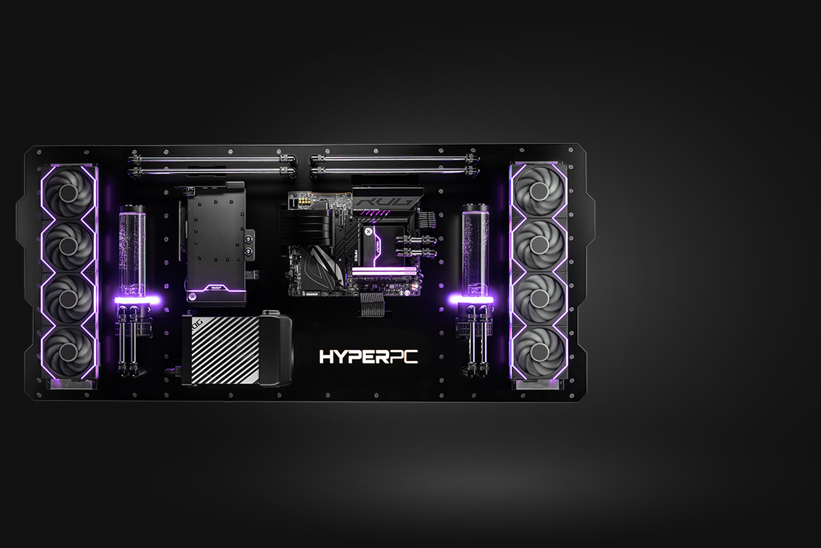 A HYPERPC WALL gaming PC with an open layout and liquid cooling