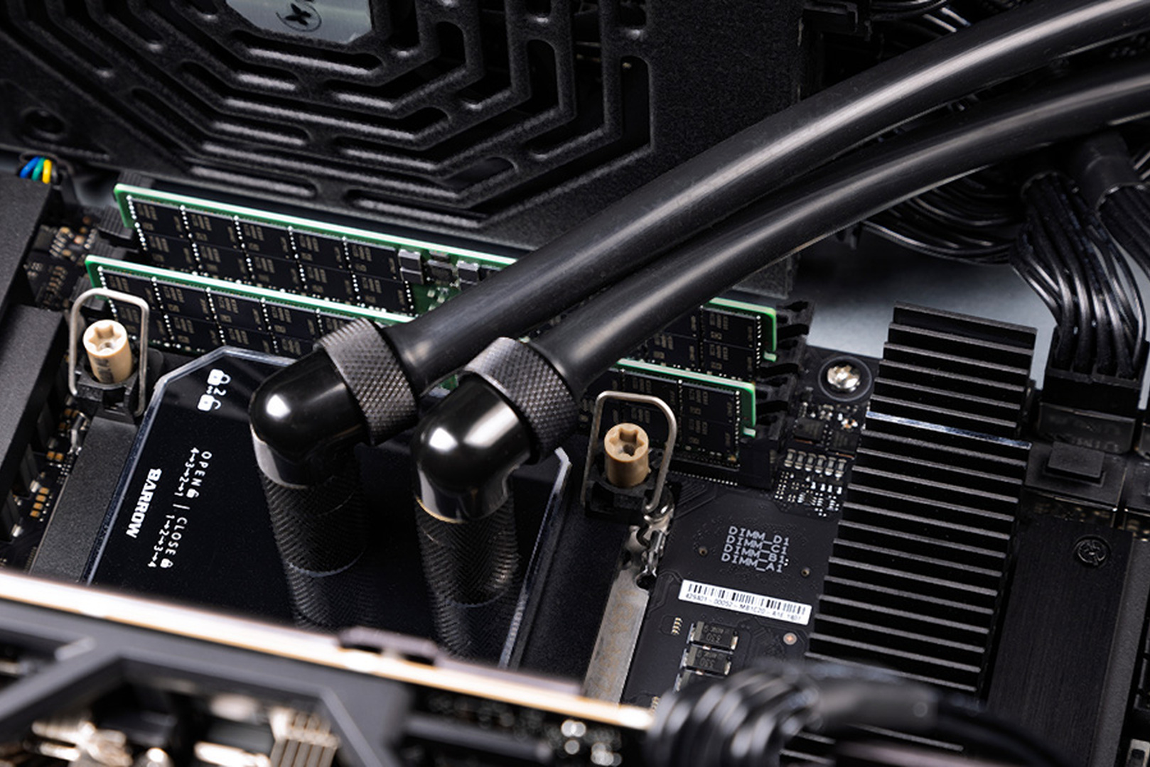 CPU water block and memory modules on a motherboard