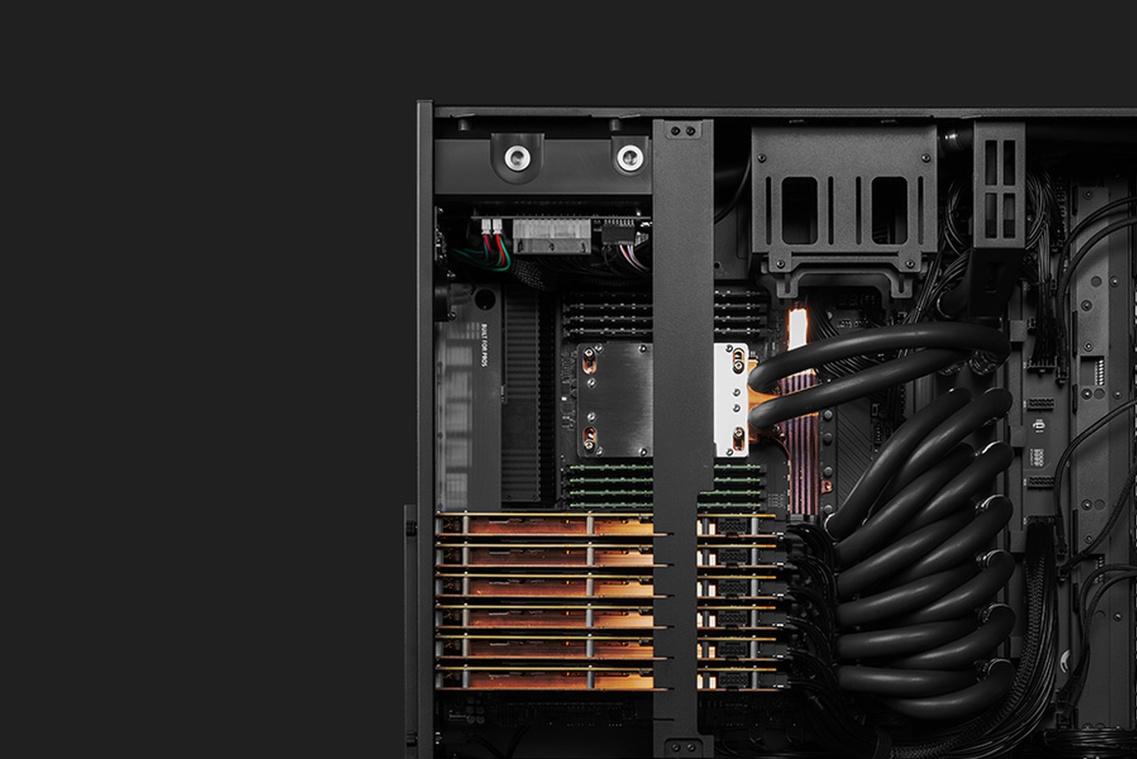 Liquid-cooled system with several graphics cards installed