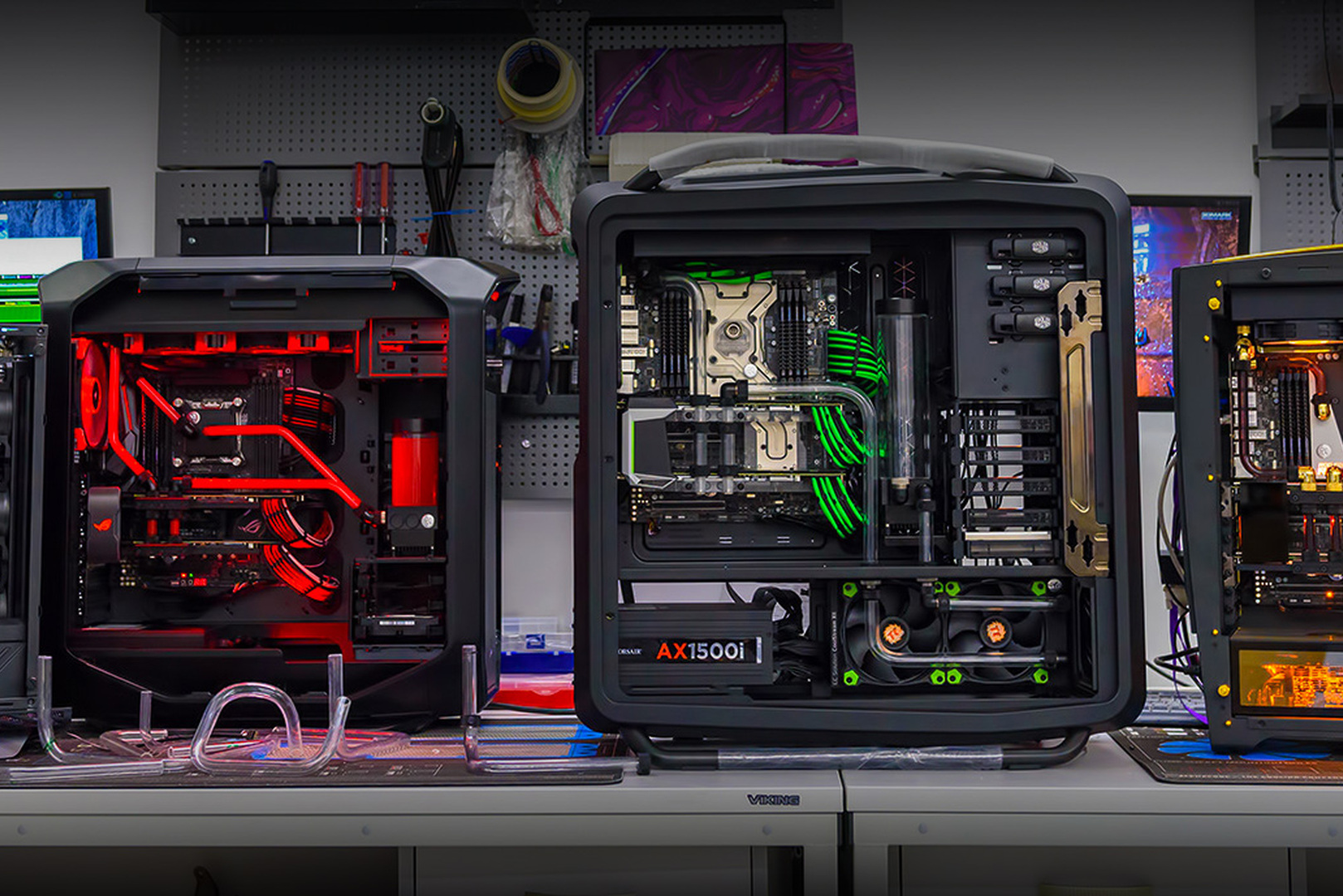Custom liquid-cooled PCs on the bench in the HYPERPC upgrade workshop