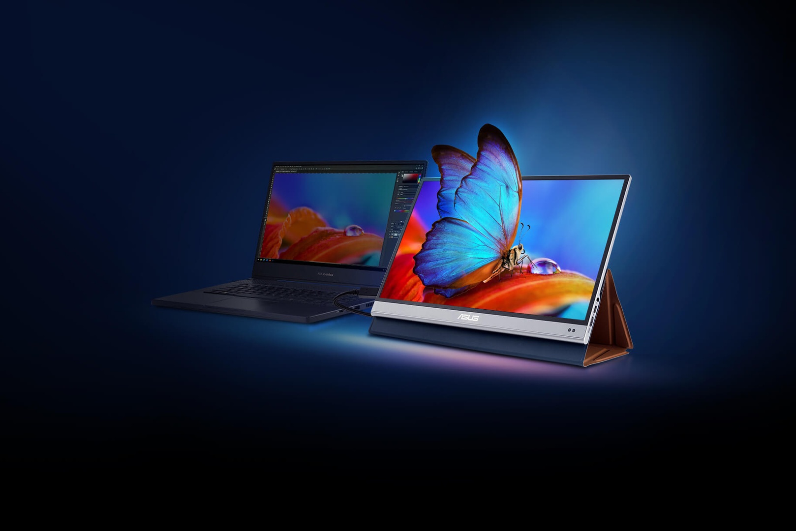 Portable monitor connected to a laptop with a single USB-C cable