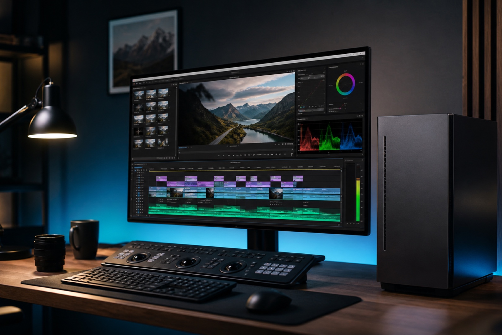A video editing workstation running Adobe Premiere Pro with a 4K timeline.