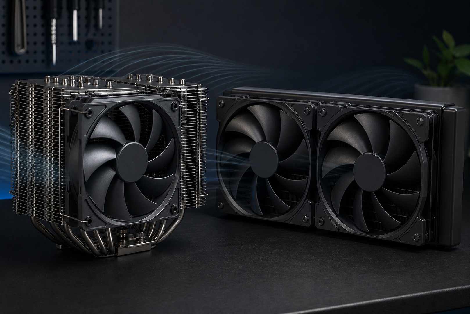 A large tower cooler and quiet 140 mm fans on a radiator.