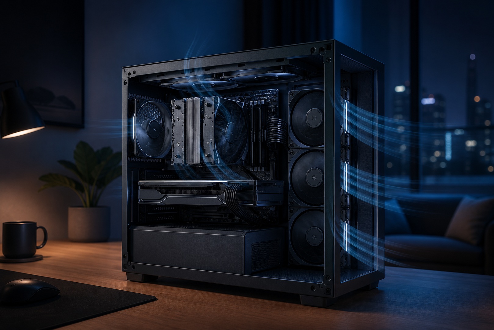 A quiet gaming PC with carefully designed cooling and a sound-insulated case.