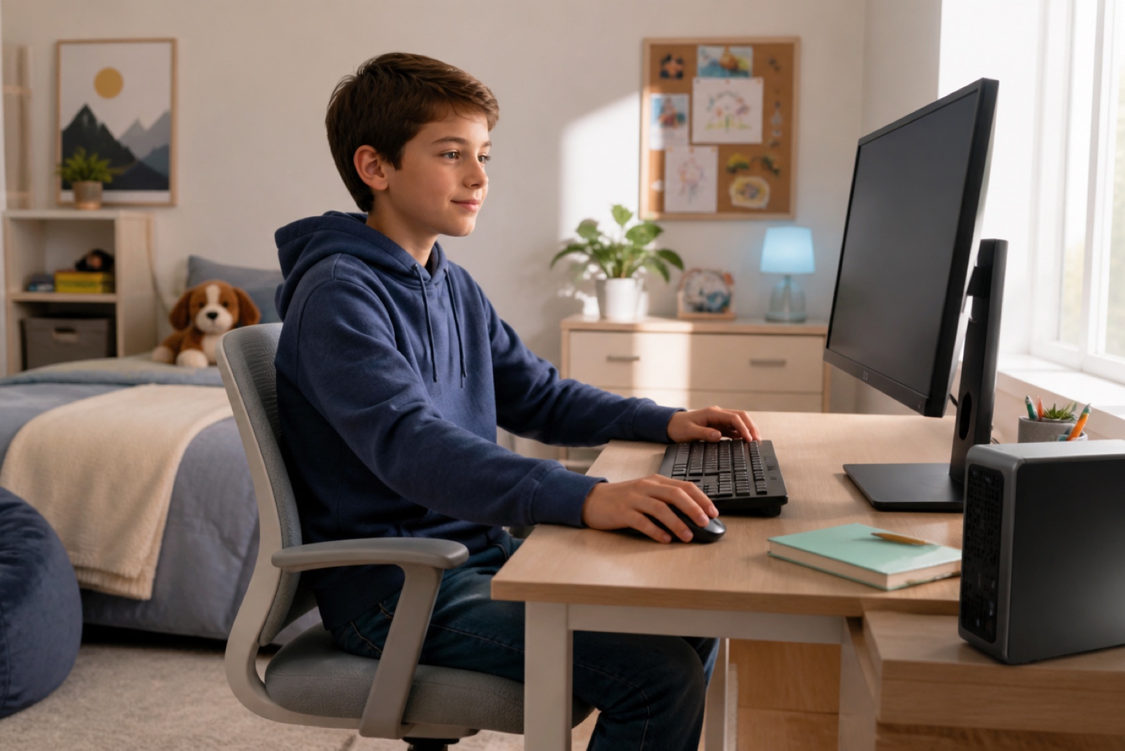 A child using a quiet, well-organised home computer for schoolwork and gaming.