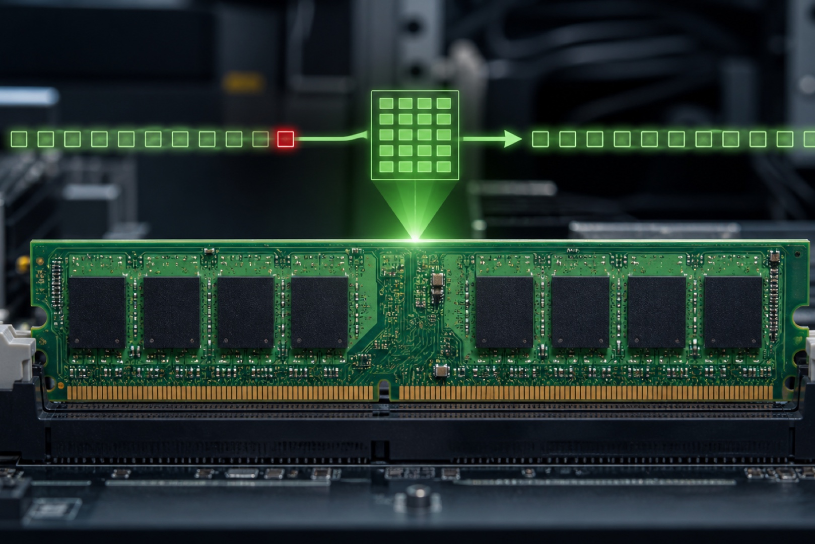 An ECC memory module for correcting errors in a server or workstation.