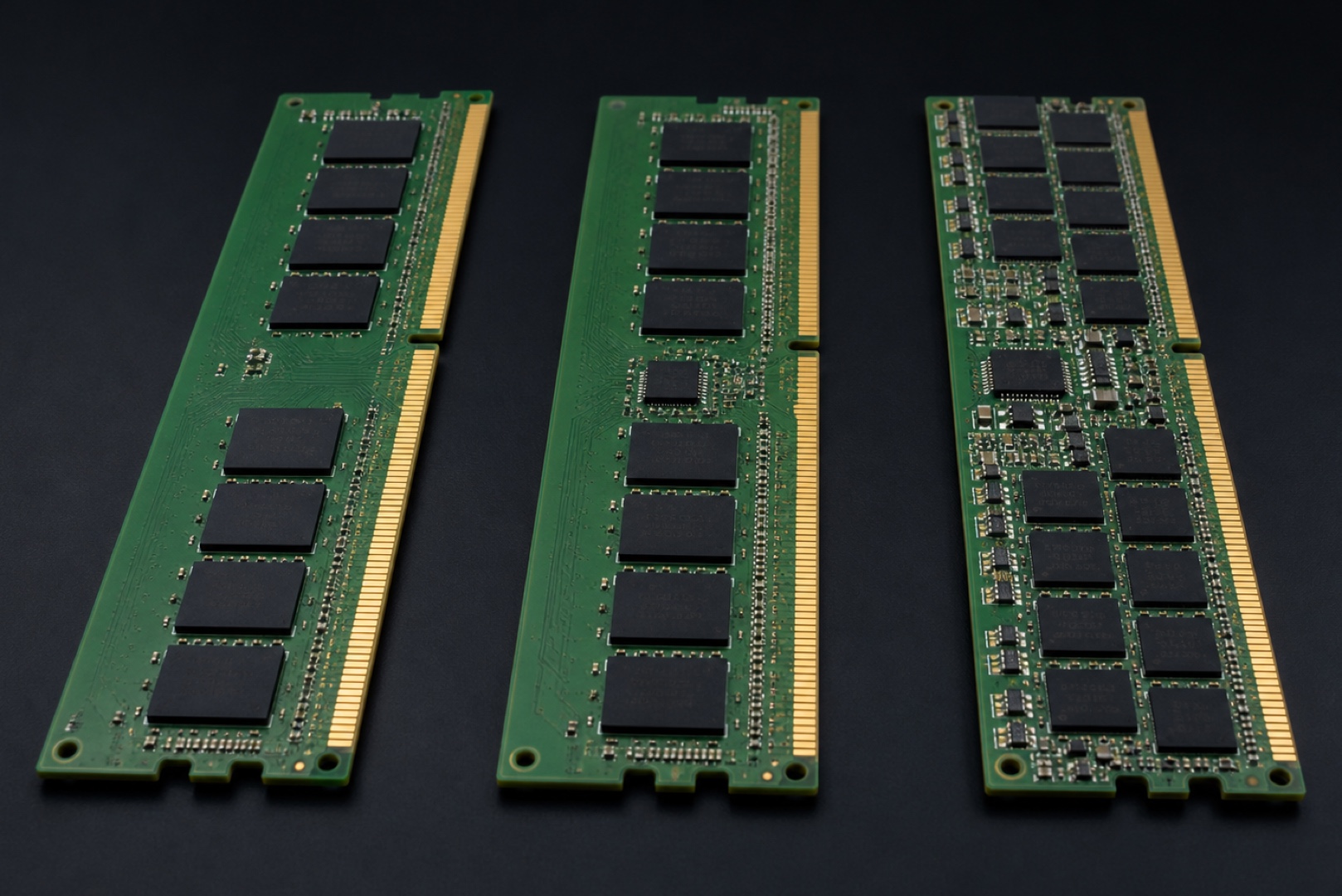 UDIMM, RDIMM, and LRDIMM server memory modules placed side by side for comparison.