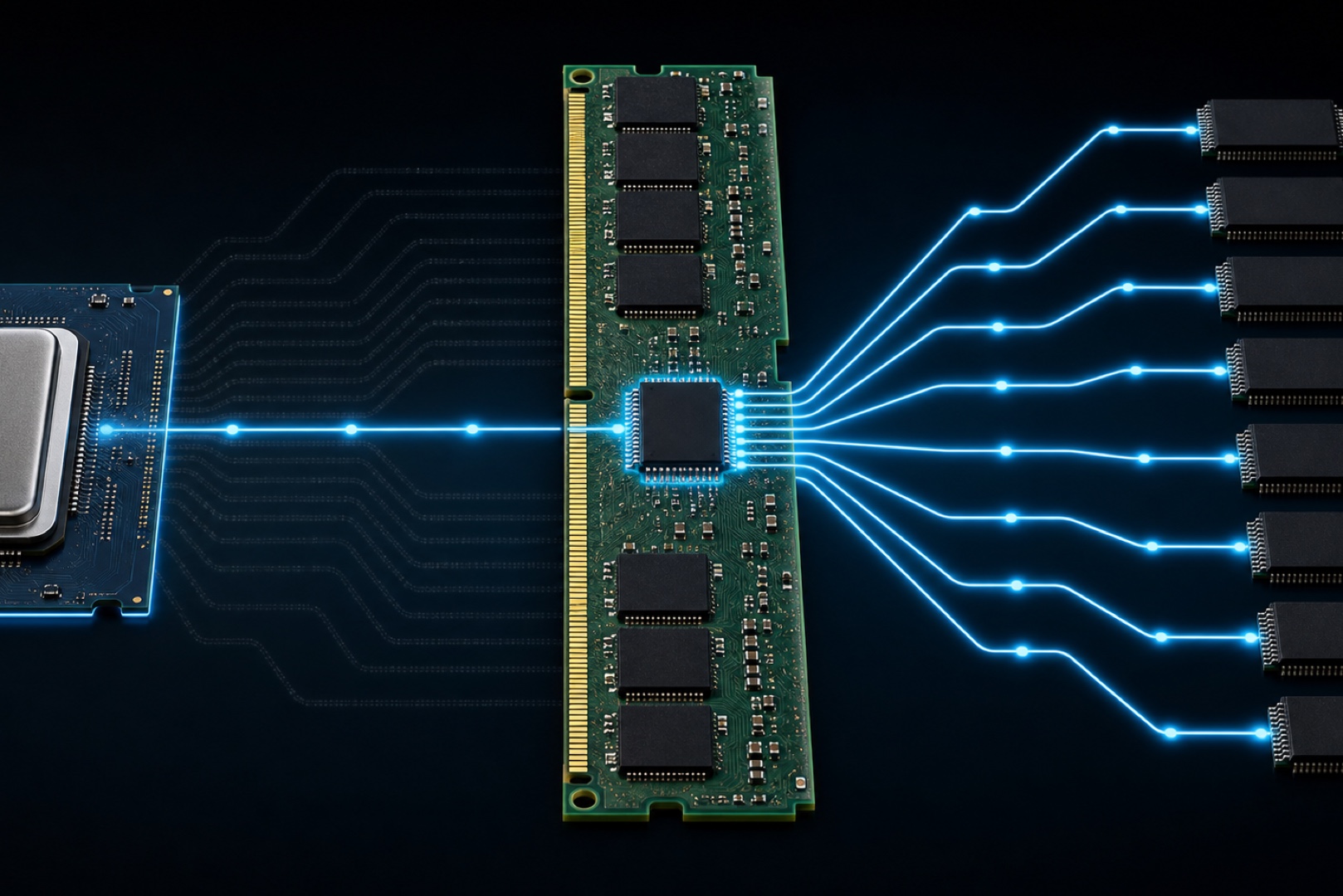 Diagram showing how an RDIMM register reduces the load on the memory controller.
