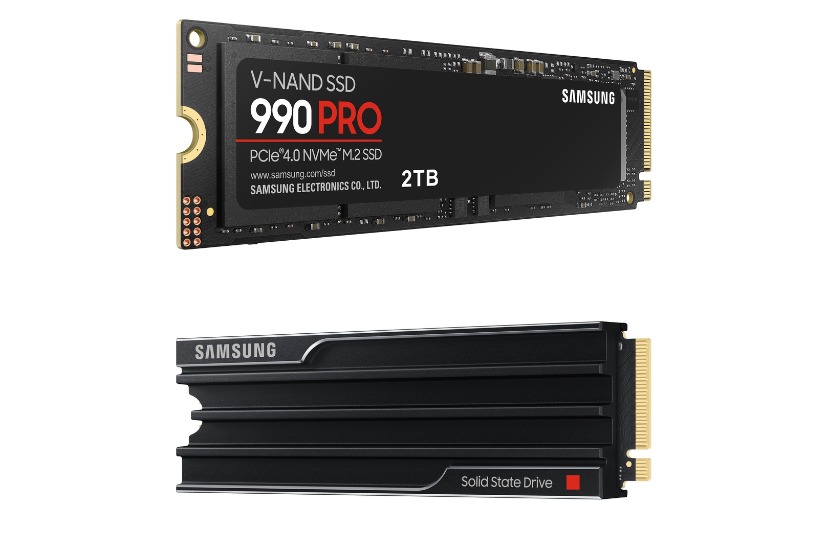 PCIe 5.0 SSD with a tall heatsink next to a slim Gen4 drive