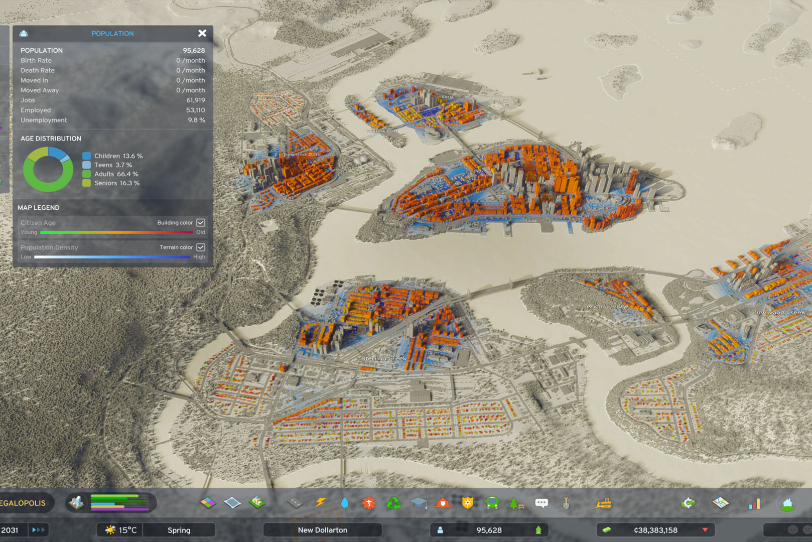 خريطة مدينة في Cities: Skylines II مع عرض إحصاءات السكان
